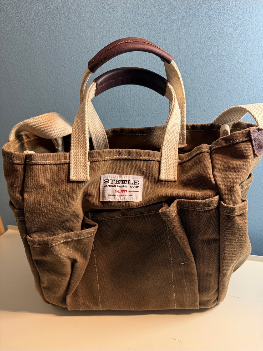 Steele Brown Waxed Canvas Tote with Cattle Hide Grips and Cream Canvas Straps - Picture 2 of 15